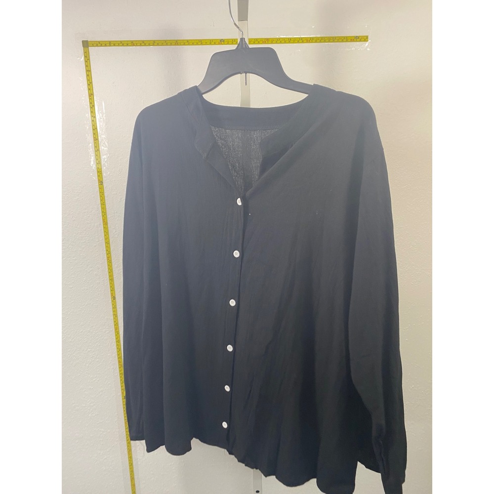 Black‎ Long Sleeve Button Down Shirt Band Collar Lightweight Blouse Top